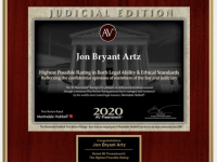 Jon Bryant Artz Awarded With The 2020 AV Preeminent Rating by Martindale-Hubbell